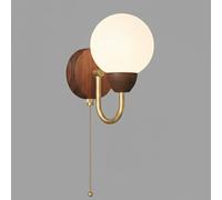 Aplique de Pared Nórdico Moderno, Lámpara de Pared con Globo de Pe Esmerilado, Brazo de Metal Dorado, Base con Acabado de Nogal E Interruptor de Cadena, Luminaria Led Cableada, para Dormitorio, Sala d