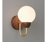 Aplique de Pared Nórdico Moderno, Lámpara de Pared con Globo de Pe Esmerilado, Brazo de Metal Dorado, Base con Acabado de Nogal E Interruptor de Cadena, Luminaria Led Cableada, para Dormitorio, Sala d