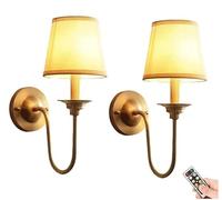 Aplique de pared recargable a batería, paquete de 2, aplique de pared inalámbrico de latón dorado con pantalla de tela blanca, lámpara de pared retro sin cableado para sala de estar, dormitorio, pasi