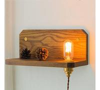 Aplique De Pared Regulable De Madera Vintage con Interruptor, Lámpara De Pared Interior E27 De Latón Antiguo con Estante De Madera, Apliques De Pared Retro para Mesita De Noche De Dormitorio con Cabl