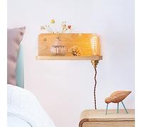 Aplique De Pared Regulable De Madera Vintage con Interruptor, Lámpara De Pared Interior E27 De Latón Antiguo con Estante De Madera, Apliques De Pared Retro para Mesita De Noche De Dormitorio con Cabl