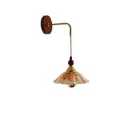 Aplique de pared rústico vintage, lámpara de pared de latón con brazo curvo, placa trasera de madera, pantalla de cristal con diseño floral de rosas, accesorio colgante con cable ajustable para dormit