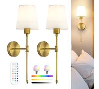 Aplique de Pared Sin Cables Set de 2 con Bombilla Recargable RGB, Sin Cable o Conexión Eléctrica, Casquillo E27, Pantalla de Tela, Mando a Distancia, Luz Ambiental para Dormitorio y Salón, Dorado