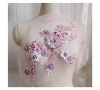 Aplique de rayón bordado, tótem floral de encaje bordado for decoración de vestidos de novia, 22 x 37 cm, 1 unidad(Pink and purple)