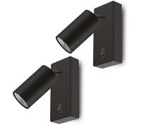 Maclean MCE369 Aplique de Pared GU10 con Interruptor Máx. 7W | Punto Giratorio | Diseño Moderno para Salón, Dormitorio y Pasillo | 55x100 mm (Negro) | contiene 2 bombillas de 7 W