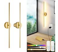 Aplique Pared Interior Sin Cable Con Control Remoto y Interruptor Táctil, 2 Pack, Lámpara Pared Recargable USB, Batería Extraíble 8000mah, Luz LED Regulable, 15 Color, 360° Rotación,Timer, Oro 100CM