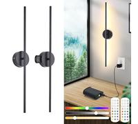Aplique Pared Interior Sin Cable Con Control Remoto y Interruptor Táctil, 2 Pack, Lámpara Pared Recargable USB, Batería Extraíble 8000mah, Luz LED Regulable, 15 Color, 360° Rotación,Timer, Negro 100CM