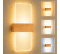 Aplique Pared LED 12W 3 Colores de Luz 3000K 4000K 6500K en Acrílico Madera | JaneYi Lámpara de Pared Interior Moderna con Iluminación Indirecta y Carcasa de Madera para Pasillo Escalera Salón Dormitorio