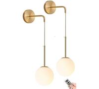Apliques de pared a batería, juego de 2 con control remoto, lámpara de pared colgante para interiores sin cables, lámpara de pared dorada con pantalla de vidrio de globo moderna, lámpara de araña con
