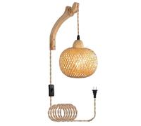 Apliques de pared modernos, BOHO E27 Luz de pared interior lámpara de pared de madera con enchufe e interruptores colgantes colgantes de pared con iluminación de pared de bambú con sombra con estantes