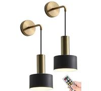 Apliques de pared modernos Juego de 2,Lámparas de pared recargables USB con temporizador a distancia,Lámpara de pared colgante dorada sin cable para dormitorio Sala de lectura Pasillo ( Color : Black+