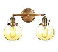 Apliques de pared, pantalla de cristal ámbar de doble cabeza, elevador de pared de metal dorado vintage con interruptor, aplique clásico rústico para dormitorio