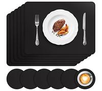 APLKER Juego de 6 Manteles Individuales y 6 Posavasos, PVC Antideslizantes Salvamanteles Individuales Lavables, Resistente Al Calor Manteles para Mesa de Comedor, 16" x 12" (Negro)