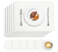 APLKER Juego de 6 Manteles Individuales y 6 Posavasos, PVC Antideslizantes Salvamanteles Individuales Lavables, Resistente Al Calor Manteles para Mesa de Comedor, 16" x 12" (Blanco)