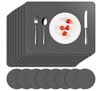 APLKER Juego de 8 Manteles Individuales y 8 Posavasos, PVC Antideslizantes Salvamanteles Individuales Lavables, Resistente Al Calor Manteles para Mesa de Comedor, 16" x 12" (Gris Oscuro Set of 8)
