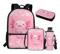 Aplkyhs Bonita mochila para niños con fiambrera, estuche para lápices, soporte para botella de agua, 4 en 1, juego de mochila escolar para niños y niñas, Axolotl Love Heart Pink, Talla única, Mochilas