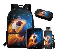Aplkyhs Bonita mochila para niños con fiambrera, estuche para lápices, soporte para botella de agua, 4 en 1, juego de mochila escolar para niños y niñas, Sport Soccer Cool Flame, Talla única, Mochilas