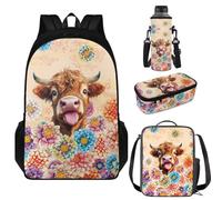 Aplkyhs Juegos de mochilas y bolsa de almuerzo para niños, estuche para botellas de agua, Dahlia Highland Cow, Talla única, Mochilas de día