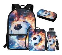 Aplkyhs Mochilas para niños con fiambrera, estuche para lápices, soporte para botella de agua, paquete de 4 bolsas escolares aisladas para el almuerzo, Sport Soccer Cool Flame, Talla única, Mochilas