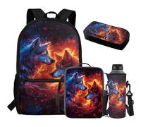 Aplkyhs Mochilas para niños con fiambrera, estuche para lápices, soporte para botella de agua, paquete de 4 bolsas escolares aisladas para el almuerzo, Wolf Cool Flame Blue Red, Talla única, Mochilas