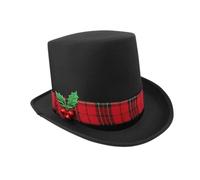 APLVFFZH Christmas Top Hat de Estilo Retro con Cinta de Cuadros Rojos Accesorio Festivo Suave y Confortable Sombrero de Lana para Disfraces Mágicos Adecuado