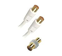 APM 408015 - Cable de TV macho a macho de 9,52 mm - Cable coaxial de 5 m - Adaptador hembra incluido - Conexión de un televisor a un enchufe de pared o decodificador - Blanco