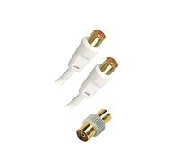 APM 408016 - Cable de TV macho a macho de 9,52 mm - Cable coaxial de TV de 10 m - Adaptador hembra incluido - Conexión de un televisor a un conector de pared o a un decodificador - Blanco
