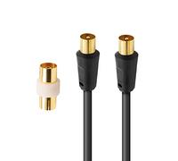 APM - Cable de TV antena de 9,52 mm, 2 metros, conectores de oro macho a macho, cable coaxial negro con adaptador hembra/hembra incluido, compatible con TV decodificador TDT, enchufe de pared 9,52 mm