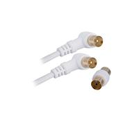 APM Cable TV Antena 9,52 mm, acodado de 2 metros, conectores Gold Macho/Macho, cable coaxial 90 ° blanco con adaptador hembra/hembra incluido, compatible con TV Decodificador TDT, enchufe de pared