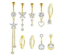 APMGONT 9 Piezas Acero Inoxidable Anillos de Ombligo Oro/Plata Belly Bar 14G Barras de Ombligo Barbell Piercing de Ombligo Estrella Mariposa Borla Corazón Anillos Ombligo (Oro)