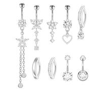 APMGONT 9 Piezas Acero Inoxidable Anillos de Ombligo Oro/Plata Belly Bar 14G Barras de Ombligo Barbell Piercing de Ombligo Estrella Mariposa Borla Corazón Anillos Ombligo (Plata)