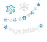 APOMOONS 2 Pieces Banner de Copos de Nieve de Feliz Cumpleaños, Glitter Snowflake Decorations, Banner de Cumpleaños de Copos de Nieve Azul y Blanco para Decoración Fiestas de Cumpleaño Infantiles
