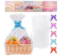 APOMOONS 5 Piezas Bolsas Celofan Transparente, Papel Celofan Bolsas de Celofán para Cestas, con 5 Lazos Y 5 Postales Papel de Regalo Transparente para Cestas de Regalo Embalaje de Regalos 60x90cm