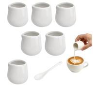 APOMOONS 6 piezas jarra de leche pequeña, lechera porcelana con cuchara de cerámica, salsera de porcelana para salsas de leche café jarabe (50ml, blanco)