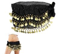 APOMOONS Pañuelo Danza del Vientre con 128 Monedas, Bufanda para Danza del Vientre de Gasa, Cinturón Danza del Vientre para Yoga Zumba Latin, Negro