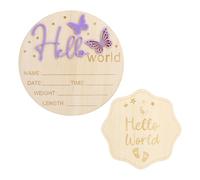 APOMOONS Tarjetas de hitos de madera para bebé, 2 unidades, 14,8 cm y 9,8 cm, Hello World Baby Holzschild Willkommensschild für Babypartys Fotorequisiten, Namensschild für Mädchen und Jungen