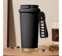APOMOONS Taza térmica café para llevar con correa, Termo Café sin BPA de 0,53 litros Vaso termico cafe con aislante Travel mug de acero inoxidable a prueba de fugas taza aislada (Negro)