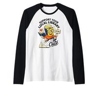 Apoya tu Biblioteca Local Lindo Libro de Dibujos Animados Retro Camiseta Manga Raglan