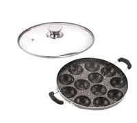 Appam Patra de aluminio antiadherente de 12 cavidades, con tapa de vidrio y mango lateral, color negro (12 cavidades)