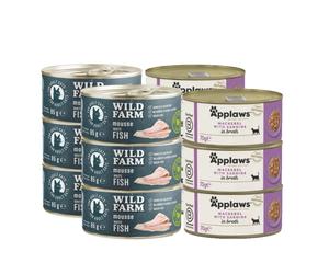 APPLAWS Caballa Con Sardina En Caldo Lata 6x70g + WILD FARM Mousse Pescado Blanco 6x80g - mousse sin cereales para gatos