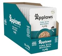 Applaws Comida húmeda Natural para Gatos en bolsitas, atún con caballa en gelatina - 16 x 70 g