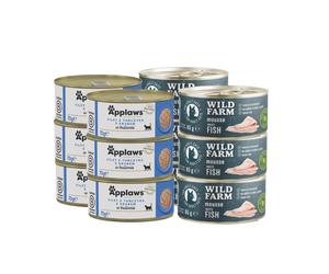 APPLAWS Filete de Atún con Cangrejo en Caldo Lata 6x70g + WILD FARM Mousse Pescado Blanco 6x80g - mousse sin cereales para gatos