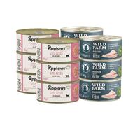 APPLAWS Filete de Atún con Gambas en Caldo Lata 6x70g + WILD FARM Mousse Pescado Blanco 6x80g - mousse sin cereales para gatos