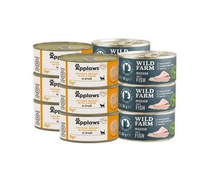 APPLAWS Pechuga de Pollo con Queso en Caldo 6x70g + WILD FARM Mousse Pescado Blanco 6x80g - mousse sin cereales para gatos
