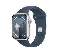 Apple Watch Series 9 [GPS, 45 MM] - Carcasa de Aluminio Plata con Banda Deportiva de Caucho Azul Tempestad, M/L (Reacondicionado)