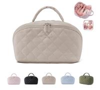 Appraisala Travel Makeup Bag for Woman,Portable Travel Makeup Bag for Women Fashion Large, Waterproof and cleanable 180° Open Make Up Bags with 9 Compartments (Beige)