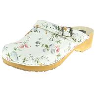 APREGGIO Zuecos de Cuero para Mujer - Suela de Madera - Tacón Alto - Punta Cerrada - Estilo Sueco - Blanco con Flores de Colores - Talla 38 EU