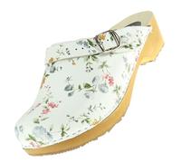 APREGGIO Zuecos de Cuero para Mujer - Suela de Madera - Tacón Alto - Punta Cerrada - Estilo Sueco - Blanco con Flores de Colores - Talla 41 EU