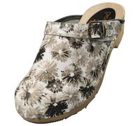 APREGGIO Zuecos de Madera de Cuero para Mujer - Punta Cerrada - Tacón Alto - Estilo Sueco - Flores Grises/Blancas - Talla 38 EU