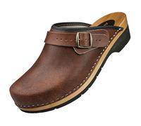 APREGGIO Zuecos de madera para hombre - Zapatos de madera con cuero - Prácticos zuecos de jardín - Zuecos ergonómicos de cuero para hombre, marrón, 41 EU